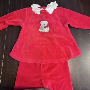 Vintage All Dressed Up Baby Velour Outfit Girls 12M Red Teddy Bear 2pc Set *Flaw